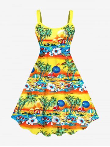 Plus Size Coconut Tree Sun Sea Boat Flower Umbrella Ombre Print Hawaii Tank Dress - YELLOW - L