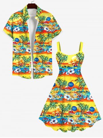 Plus Size Coconut Tree Sun Sea Boat Flower Umbrella Ombre Print Hawaii Tank Dress