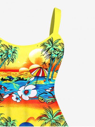 Plus Size Coconut Tree Sun Sea Boat Flower Umbrella Ombre Print Hawaii Tank Dress