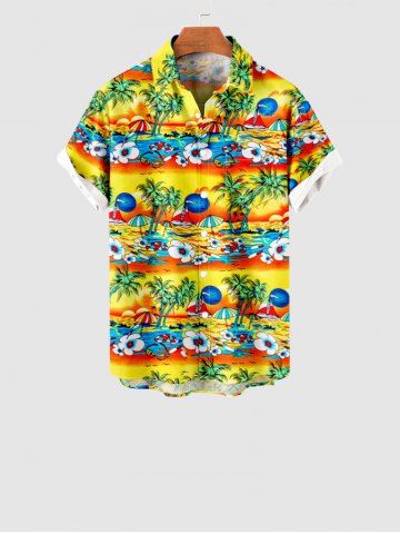 Kid's Coconut Tree Sun Sea Boat Flower Umbrella Ombre Print Buttons Pocket Hawaii Shirt