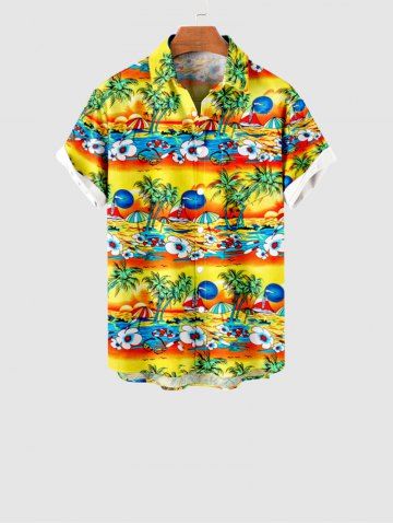 Kid's Coconut Tree Sun Sea Boat Flower Umbrella Ombre Print Buttons Pocket Hawaii Shirt - YELLOW - 160