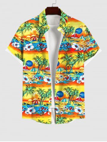 Plus Size Coconut Tree Sun Sea Boat Flower Umbrella Ombre Print Buttons Pocket Hawaii Shirt For Men - YELLOW - 4XL