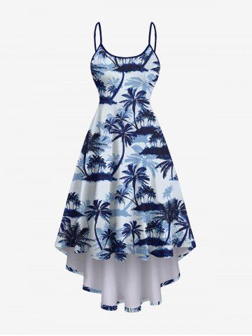 Plus Size Coconut Tree Print High Low Hawaii Cami Dress - BLUE - XS