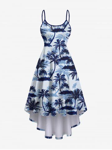 Plus Size Coconut Tree Print High Low Hawaii Cami Dress - BLUE - 1X