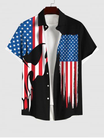 Plus Size Patriotic American Flag Skull Print Buttons Pocket Shirt For Men - BLACK - S