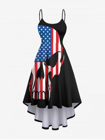 Plus Size Patriotic American Flag Skull Print High Low Cami Dress - BLACK - XS