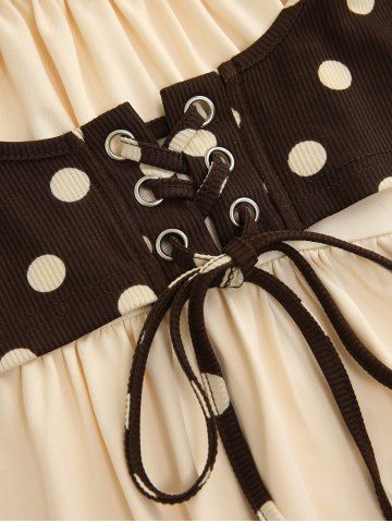 Plus Size Polka Dot Print Crisscross Lace Up Ruched Ruffles 2 In 1 Tank Top