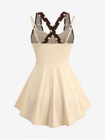 Plus Size Polka Dot Print Crisscross Lace Up Ruched Ruffles 2 In 1 Tank Top