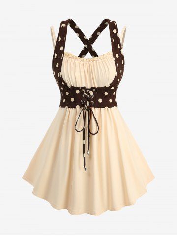 Plus Size Polka Dot Print Crisscross Lace Up Ruched Ruffles 2 In 1 Tank Top - LIGHT COFFEE - M | US 10