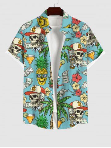 Plus Size Skull Coconut Tree Juice Pineapple Floral Currency Print Hawaii Button Pocket Shirt For Men