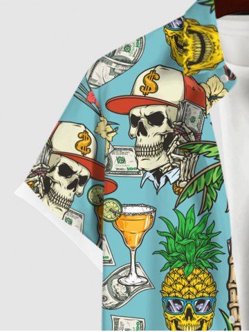Plus Size Skull Coconut Tree Juice Pineapple Floral Currency Print Hawaii Button Pocket Shirt For Men