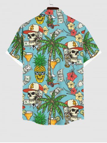Plus Size Skull Coconut Tree Juice Pineapple Floral Currency Print Hawaii Button Pocket Shirt For Men