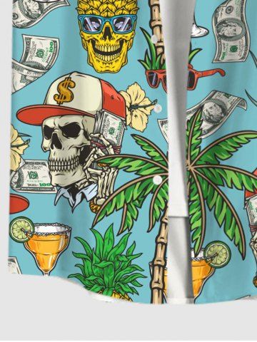 Plus Size Skull Coconut Tree Juice Pineapple Floral Currency Print Hawaii Button Pocket Shirt For Men