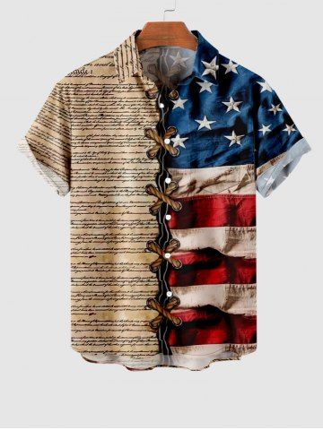 Plus Size 3D Lace Up American Flag Newspaper Print Button Pocket Shirt For Men - MULTI-A - 2XL