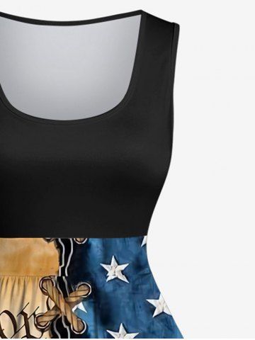 Plus Size 3D Lace Up American Flag Newspaper Print 1950s Vintage Swing A Line Dress