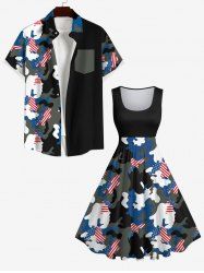 Ensemble Camouflage Drapeau Américain Imprimé en Blocs de Couleurs de Grande Taille pour Couple - Noir 