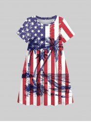 Kid's American Flag Coconut Tree Sea Waves Print Hawaii Dress -  