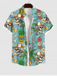 Plus Size Skull Coconut Tree Juice Pineapple Floral Currency Print Hawaii Button Pocket Shirt For Men -  