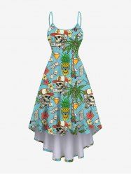 Plus Size Skull Coconut Tree Juice Pineapple Floral Currency Print Hawaii High Low Asymmetric A Line Cami Dress -  