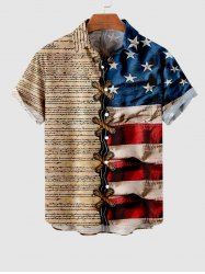 Plus Size 3D Lace Up American Flag Newspaper Print Button Pocket Shirt For Men -  