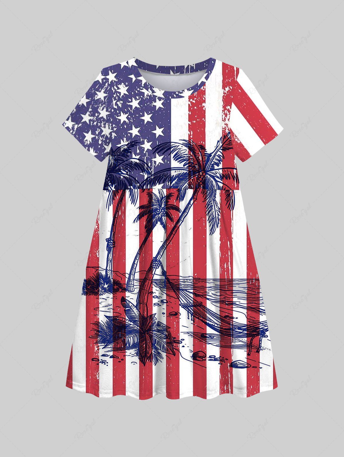 Online Kid's American Flag Coconut Tree Sea Waves Print Hawaii Dress  