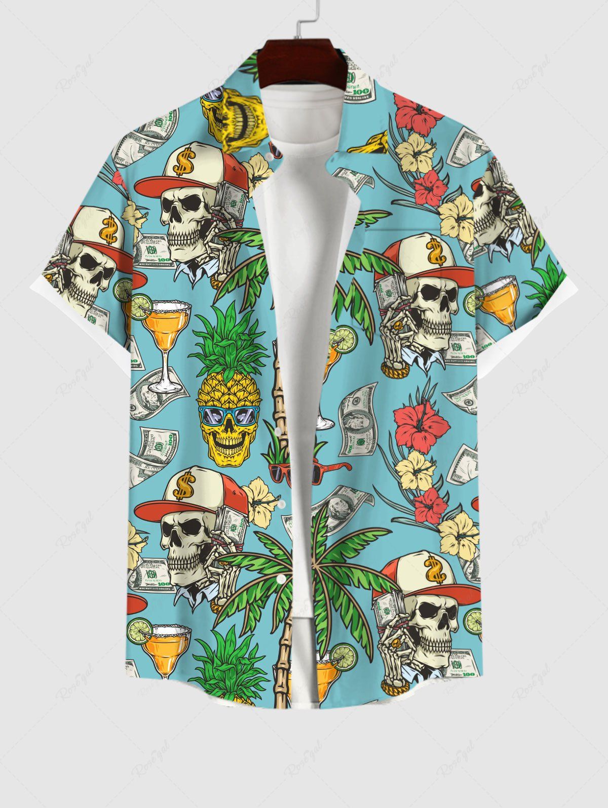 Buy Plus Size Skull Coconut Tree Juice Pineapple Floral Currency Print Hawaii Button Pocket Shirt For Men  