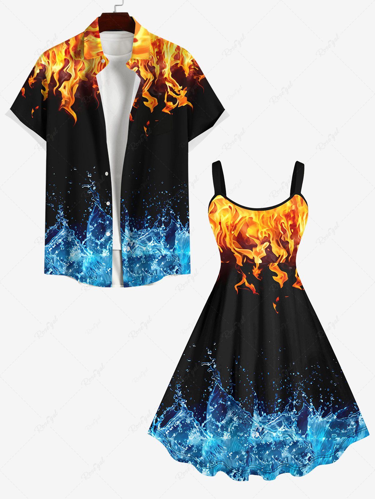 Cheap Fire Flame Water Splatter Print Plus Size Matching Set For Couples  