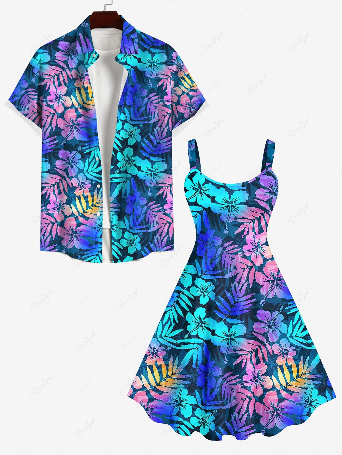 Unique Colorful Ombre Coconut Leaf Floral Print Plus Size Matching Hawaii Beach Outfit For Couples  