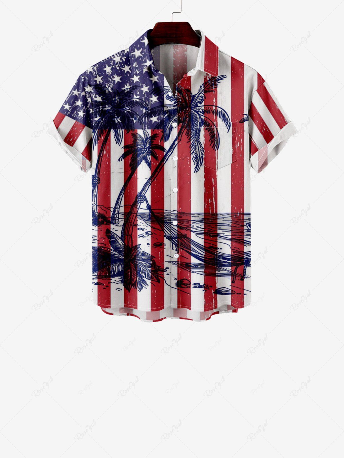 Discount Kid's American Flag Coconut Tree Sea Waves Print Hawaii Button Pocket Shirt  