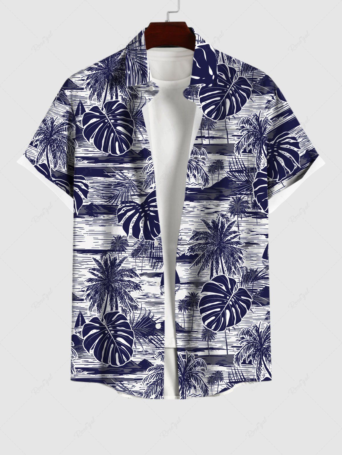 Chemise Imprimé Voilier et Feuille de Palmier Hawaiien à Boutons Grande Taille avec Poche Multi-A 4XL