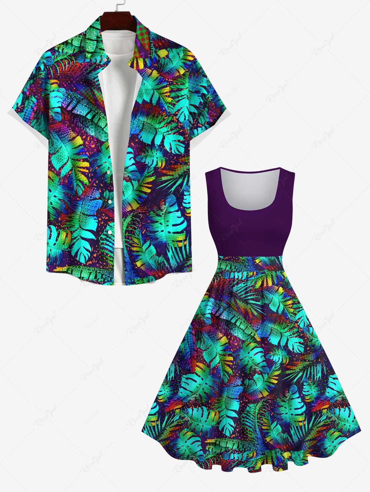 Trendy Colorful Palm Leaf Print Plus Size Matching Hawaii Beach Outfit For Couples  