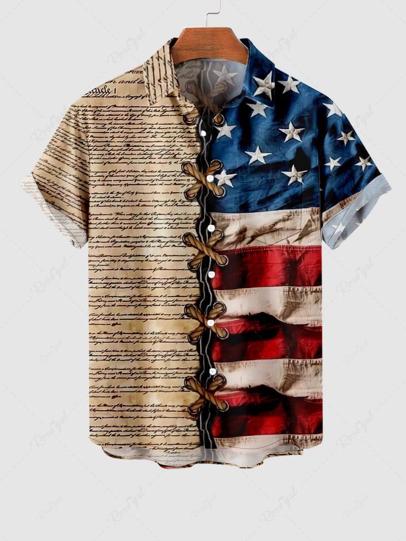 Outfit Plus Size 3D Lace Up American Flag Newspaper Print Button Pocket Shirt For Men  