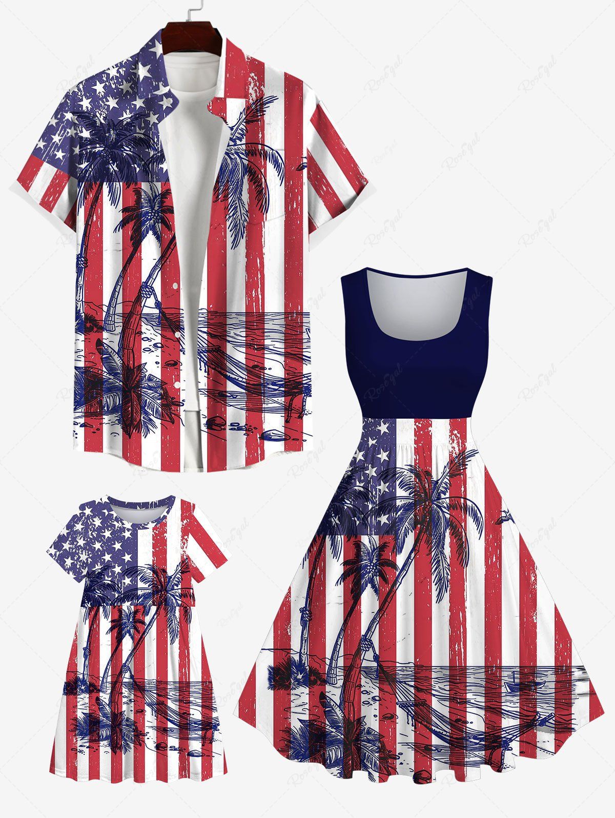 Shop Coconut Tree Sea American Flag Striped Print Plus Size Matching Set For Family  