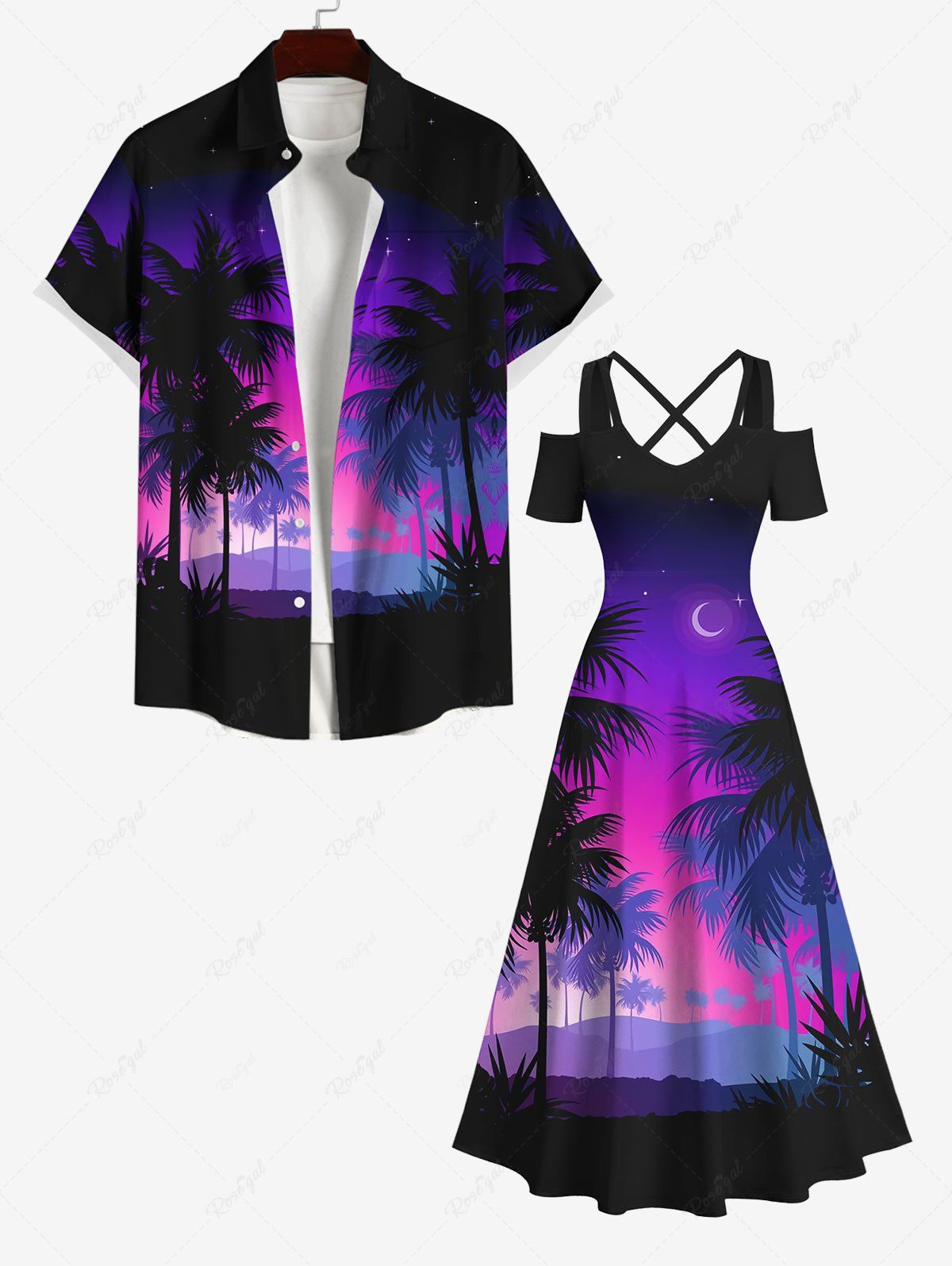 Sale Coconut Tree Moon Star Ombre Print Plus Size Matching Hawaii Beach Outfit For Couples  