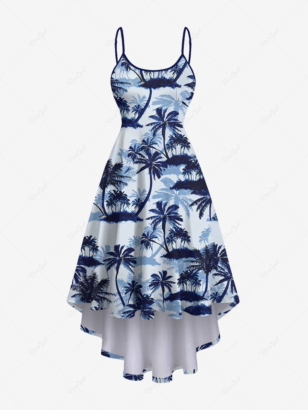 Latest Plus Size Coconut Tree Print High Low Hawaii Cami Dress  
