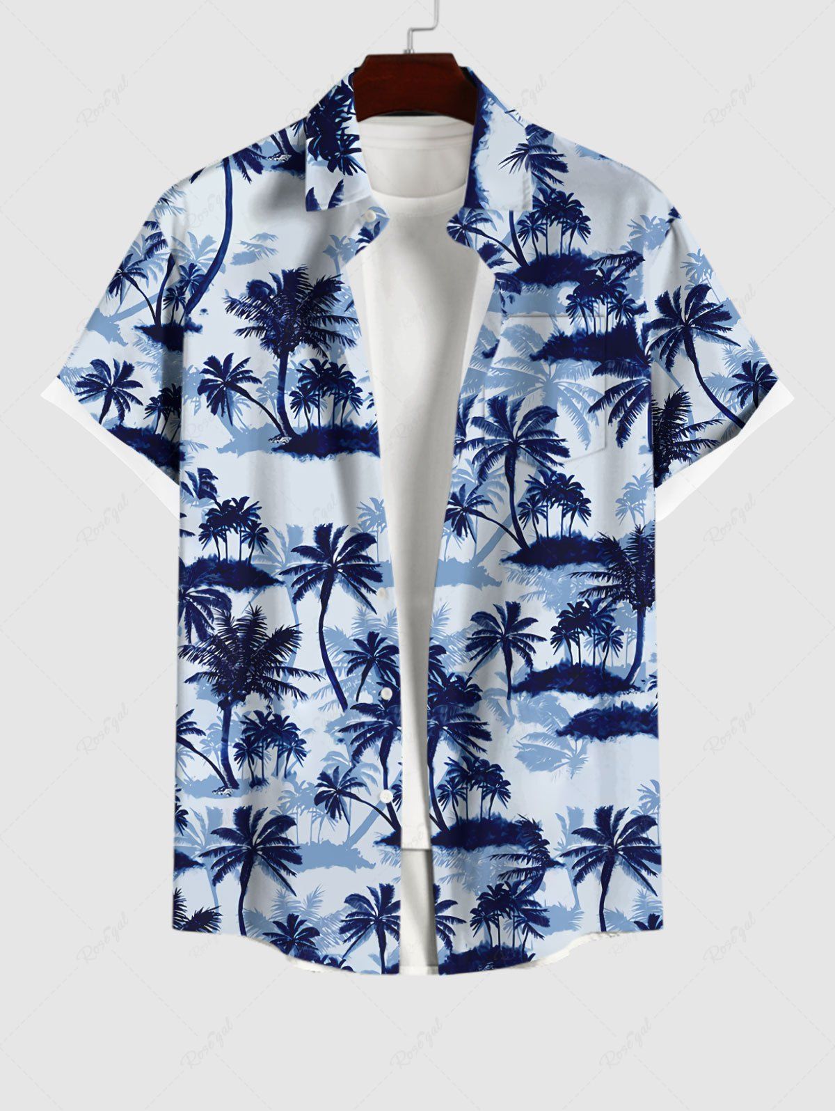 Unique Plus Size Coconut Tree Print Buttons Pocket Hawaii Shirt For Men  
