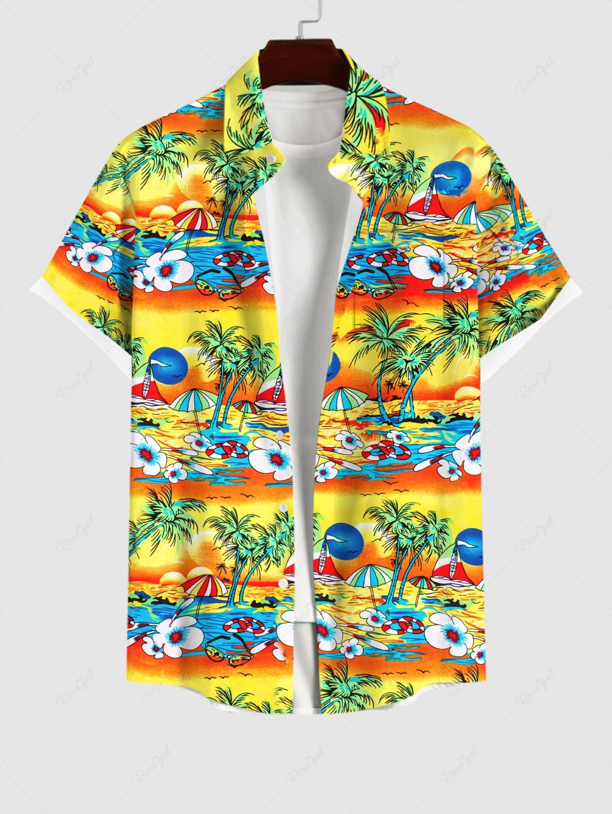Chemise Parapluie Grande Taille Boutonnée à Fleur et Arbre Noix de Soleil Jaune 4XL
