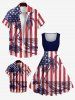Kid's American Flag Coconut Tree Sea Waves Print Hawaii Button Pocket Shirt -  