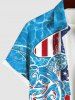Plus Size Patriotic American Flag Sea Waves Turtle Print Buttons Pocket Hawaii Shirt For Men -  