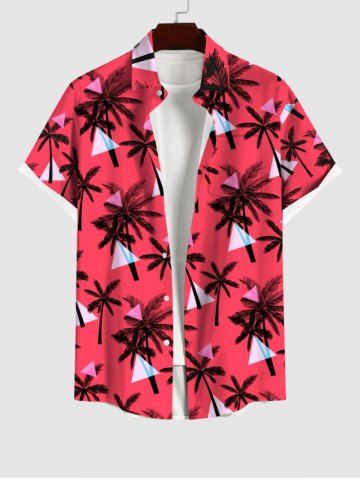 Plus Size Triangle Geometric Coconut Tree Print Hawaii Button Pocket Shirt For Men - RED - L