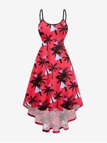 Plus Size Triangle Geometric Coconut Tree Print High Low Asymmetric Hawaii A Line Cami Dress - RED - S