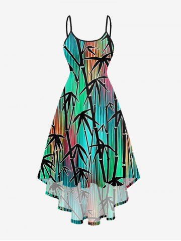 Plus Size Bamboo Colorful Striped Print Hawaii High Low Asymmetric A Line Cami Dress - GREEN - XS