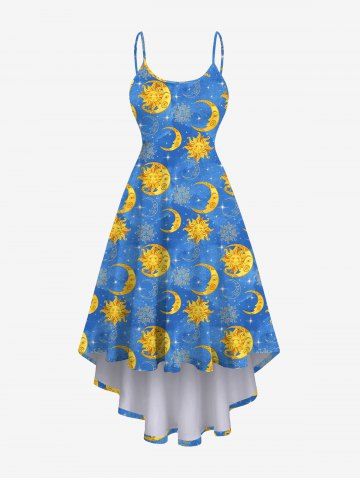 Plus Size Sun Moon Glitter Stars Print High Low Asymmetric A Line Cami Dress - BLUE - XS