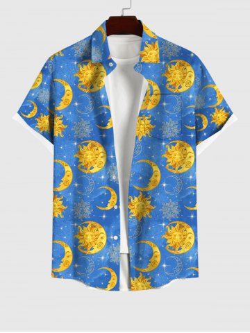 Plus Size Sun Moon Glitter Stars Print Button Pocket Shirt For Men - BLUE - XL