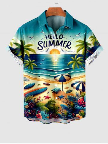 Plus Size Seascape Beach Sea Waves Sunset Coconut Tree Sunshade Print Hawaii Shirt For Men - GREEN - XL