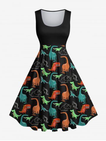 Plus Size Colorful Dinosaur Print 1950s Vintage Dress - BLACK - M