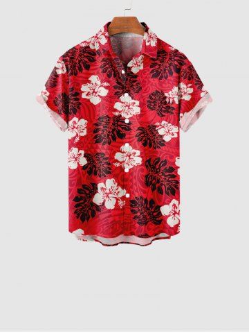 T-Shirt avec Poches à Imprimé Feuilles de Palmier et Fleurs Style Hawaïen avec Boutons pour Enfants - RED - 130
