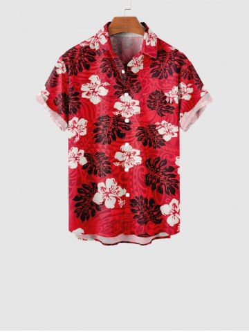 Kid's Flowers Palm Tree Leaf Print Buttons Pocket Hawaii Shirt - RED - 160