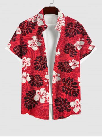 Plus Size Flowers Palm Tree Leaf Print Buttons Pocket Hawaii Shirt For Men - RED - XL