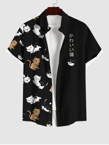 Men's Cats Japanese Characters Print Buttons Pocket Shirt - BLACK - 4XL